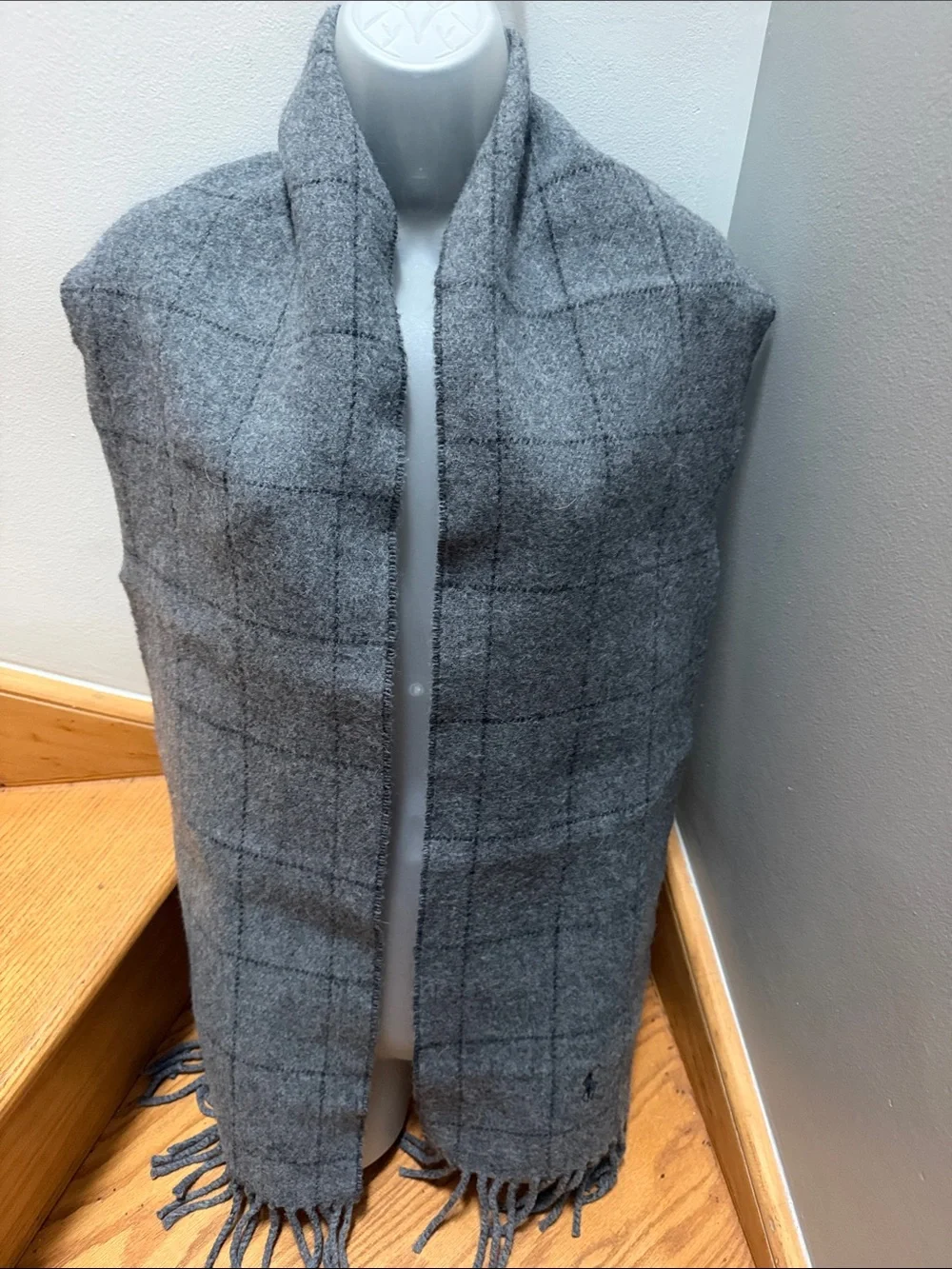 Polo Ralph Lauren Plaid Fringe Scarf 100% Wool Grey Brown Italy EUC